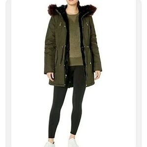 Betsey Johnson Womans Olive Green Faux Fur Parka Jacket